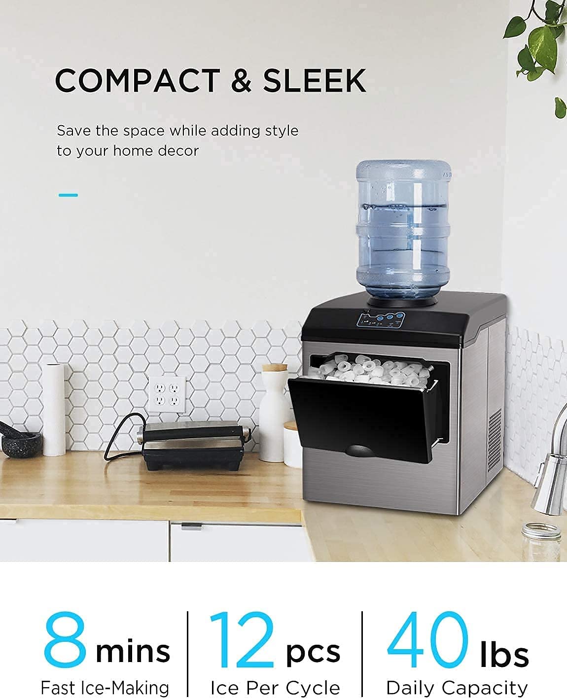 2-in-1 Stainless Steel Countertop Ice Maker & Water Dispenser