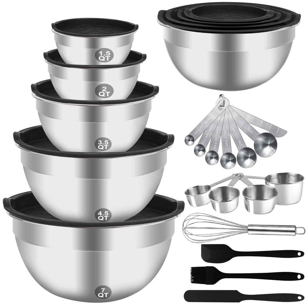 WEPSEN Electric Hand Mixer & Mixing Bowls with Airtight Lids, Handheld Mixers with Whisks Beater, Stainless Steel Metal Nesting Bowl Measuring Cups Spoons Kitchen Cake Blender for Prep Baking Supplies