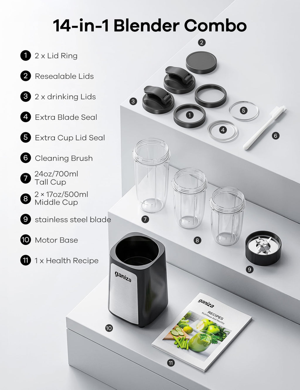 Ganiza Blender for Smoothies, 14Pcs Personal Blender for Shake and Smoothies for Kitchen with 3 Portable Blender Cups (1x24oz & 2X17oz), Single Serve Smoothie Maker, Nutritious Recipe Smoothie Blender