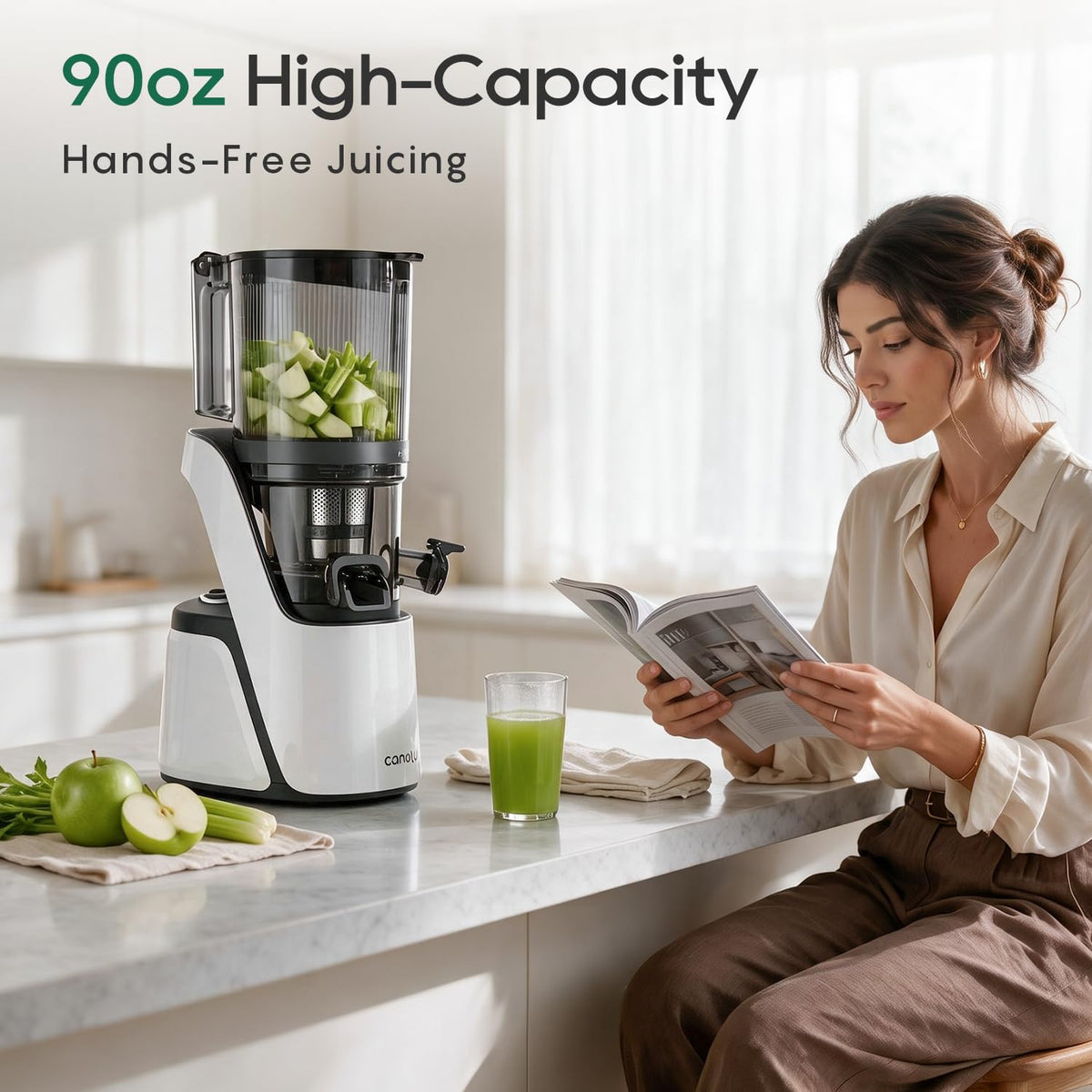 Canoly C16 Cold Press Juicer, 6" Extra Wide Feed Chute, 3-IN-1 Strainers (Juice & Sorbet & Nut Milk), Powerful AC Brushless Motor, Self Precut System, Juicer Machines with BPA-Free