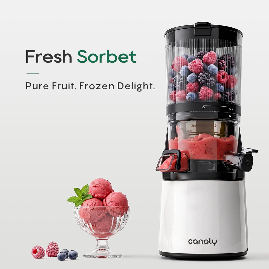 Canoly C16 Cold Press Juicer, 6" Extra Wide Feed Chute, 3-IN-1 Strainers (Juice & Sorbet & Nut Milk), Powerful AC Brushless Motor, Self Precut System, Juicer Machines with BPA-Free