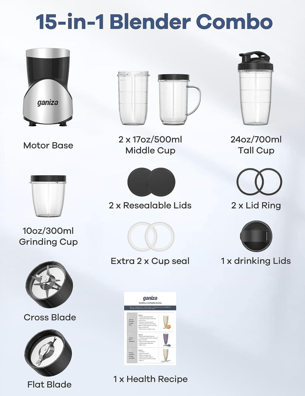 Ganiza Smoothie Blender, 900W Blenders for Shakes and Smoothies, GB10 Smoothies Maker with 4 BPA-Free Portable Cup, Nutritious Recipe