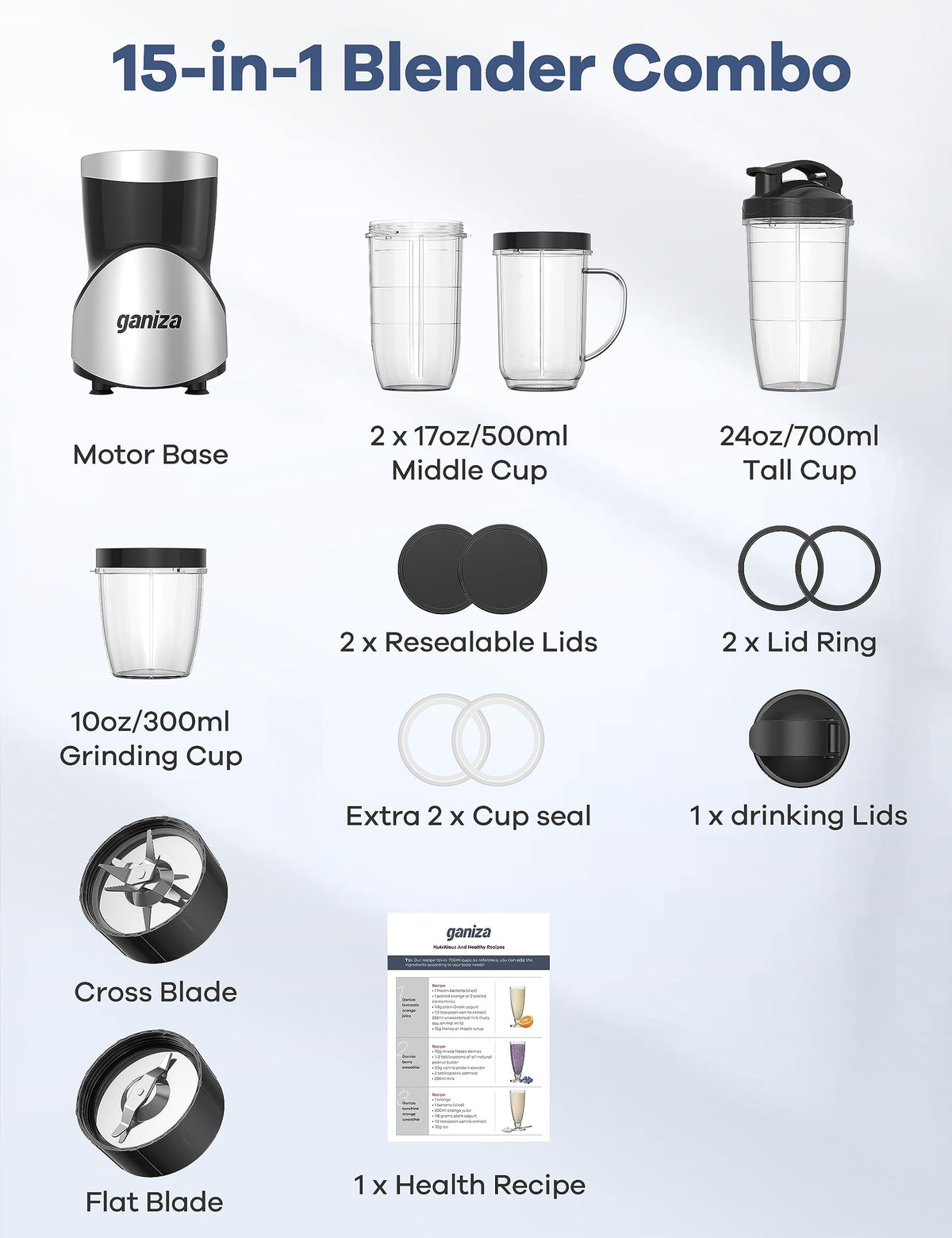 Ganiza Smoothie Blender, 900W Blenders for Shakes and Smoothies, GB10 Smoothies Maker with 4 BPA-Free Portable Cup, Nutritious Recipe