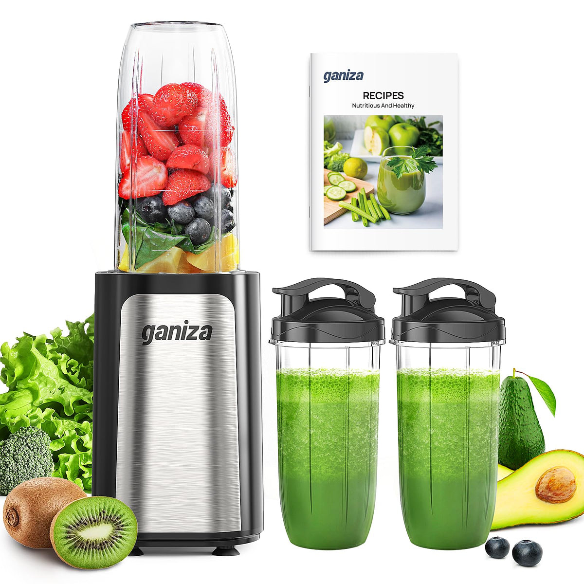 Ganiza Blender for Smoothies, 14Pcs Personal Blender for Shake and Smoothies for Kitchen with 3 Portable Blender Cups (1x24oz & 2X17oz), Single Serve Smoothie Maker, Nutritious Recipe Smoothie Blender