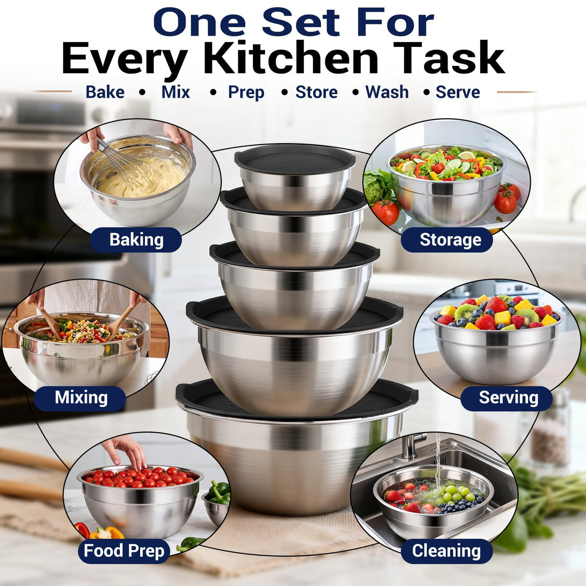 WEPSEN Electric Hand Mixer & Mixing Bowls with Airtight Lids, Handheld Mixers with Whisks Beater, Stainless Steel Metal Nesting Bowl Measuring Cups Spoons Kitchen Cake Blender for Prep Baking Supplies